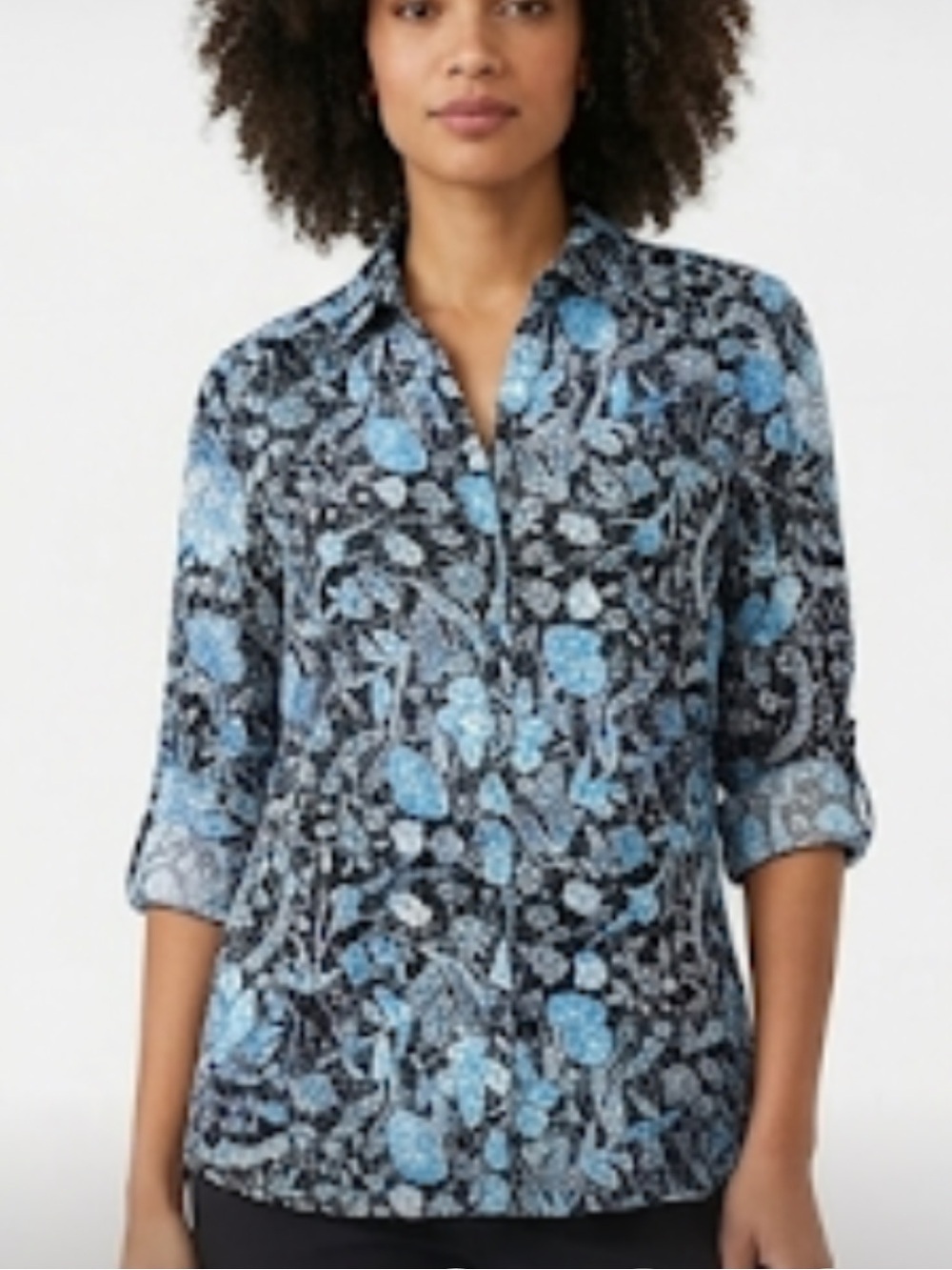 Tahari 100% linen black and blue floral roll tab sleeve shirt size S